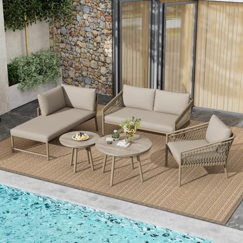 Seil Gartenmoebel Set 123 x 56 x 80 cm Khaki Modernes Outdoor Sofa Set Handgewebtes Seil Inklusive Aller Sitz- Und Rueckenkissen Balkonset Garten