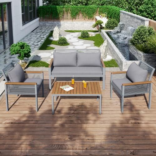 Sitzgruppe 109x67x75 cm Grau Gartenm?bel-Set Outdoor Tische und St¹hle Rattan-Optik Gartenlounge-Set mit bequemem Kissen Doppelsofa 2 Sessel Tisch