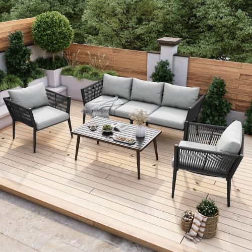Loungesessel Set 173.5x67x63 cm Grau Gartenmoebel Set mit Kissen Sitzgruppe Outdoorsofa-Set mit Antirutsch-Pads 2 Sessel und Couchtisch Outdoor