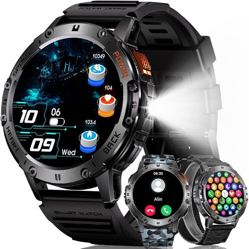 MEGALITH Herren Smartwatch mit LED Taschenlampe AMOLED Fitnessuhr mit 110 Sportmodi Schrittzähler Benachrichtigungen & IP68 wasserdicht