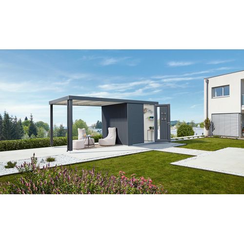Gerätehaus-Anbaudach BIOHORT, grau (dunkelgrau, metallic), B:300cm H:220cm T:235cm, Stahlblech, Gartenhaus-Anbaudächer
