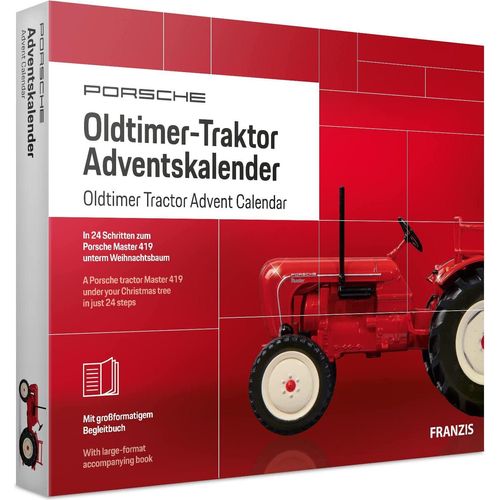 FRANZIS 67067 - Porsche Oldtimer-Traktor Adventskalender Modellbausatz im Maßstab 1:43, inkl. Soundmodul und 52-seitigem Begleitbuch