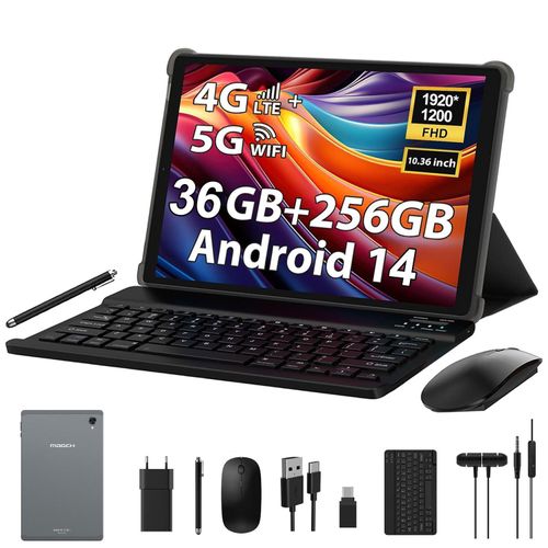 Tablet 10.36 Zoll mit Tastatur und Maus MAGCH, 36GB+256GB(1TB TF), Octa-Core, Android 14.0, 1920*1200, 4G LTE/SIM/5G WIFI, 8000mAh, 13MP+8MP, Grau
