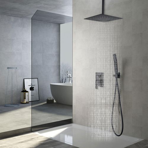 Duschsystem Schwarz Unterputz Homelody40*40CM Übergroßer Abgehängte Kopfbrause, Shower Duscharmatur RegenduscheMessingkörperHandbrause Duschraum