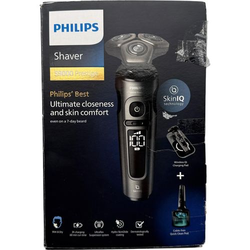 Philips Shaver S9000 Prestige, elektrischer Nass- und Trockenrasierer, Gold, SkinIQ Technologie, Reiseetui, Qi-Ladepad, Präzisionstrimmer, Nasenhaartrimmer und Reinigungsstation, Modell SP9882/36