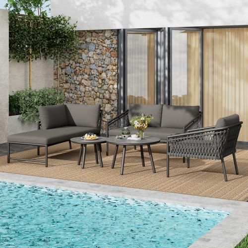 Seil Gartenmoebel Set 123 x 56 x 80 cm Grau Modernes Outdoor Sofa Set Handgewebtes Seil Inklusive Aller Sitz- Und Rueckenkissen Balkonset Garten