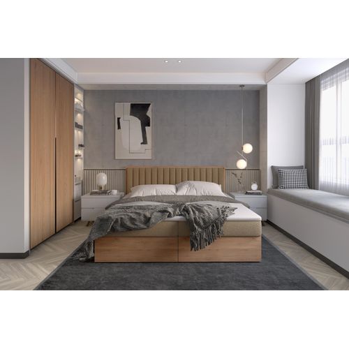 Funktionsbett 160x200 cm mit Stauraum – Polsterbett mit Bettkasten – Holzbett mit Kopfteil – Boxbett in Eiche-Optik – Modernes Bett 160x200 cm LIVANO