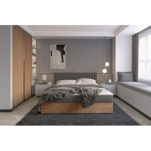 Funktionsbett 160x200 cm mit Stauraum – Polsterbett mit Bettkasten – Holzbett mit Kopfteil – Boxbett in Eiche-Optik – Modernes Bett 160x200 cm LIVANO