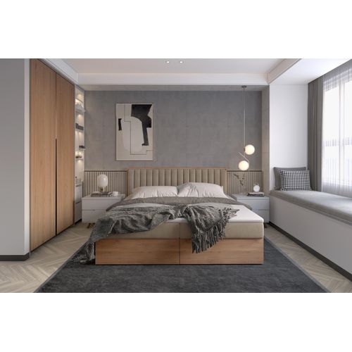 Funktionsbett 140x200 cm mit Stauraum – Polsterbett mit Bettkasten – Holzbett mit Kopfteil – Boxbett in Eiche-Optik – Modernes Bett 140x200 cm LIVANO