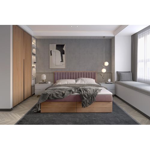 Funktionsbett 160x200 cm mit Stauraum – Polsterbett mit Bettkasten – Holzbett mit Kopfteil – Boxbett in Eiche-Optik – Modernes Bett 160x200 cm LIVANO