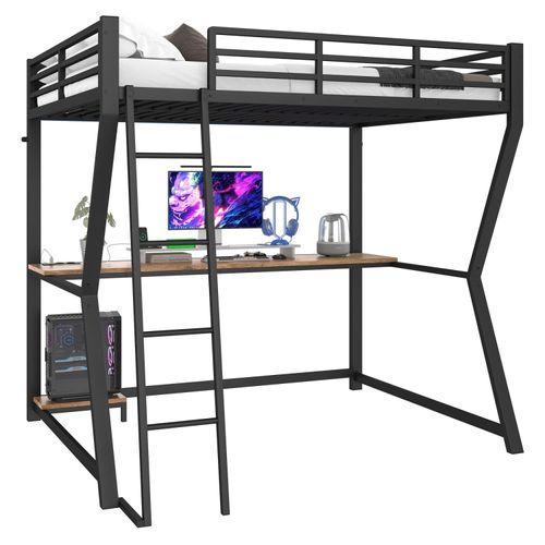 Hochbett, 140*200cm , Mit LED-Leuchten, Computerkonsolenablage, Schreibtisch, Steckdose+USB, Geländer, Treppe, ohne Matratze, Schwarz