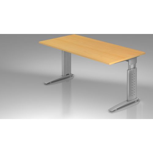 Schreibtisch U-Serie | inkl. Kabelwanne | C-Fuß | höheneinstellbar, Größe Tischplatte:160 x 80 cm, Farbe Tischplatte:Buche, Farbe Gestell:Silber