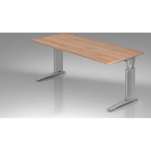 Schreibtisch U-Serie | inkl. Kabelwanne | C-Fuß | höheneinstellbar, Größe Tischplatte:180 x 80 cm, Farbe Tischplatte:Nussbaum, Farbe Gestell:Silber