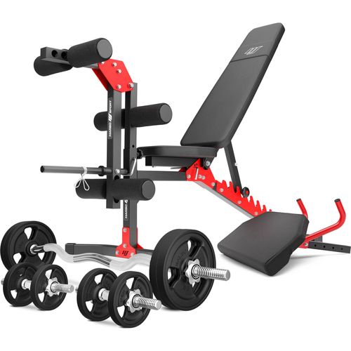 Marbo Sport Set MH1_68KG_KIER_G | Verstellbare multifunktionale Trainingsbank + Curl Pult Scott-Bank + Beintrainer + Hantelstangen / Gummierten Hantelscheiben Set 42 kg
