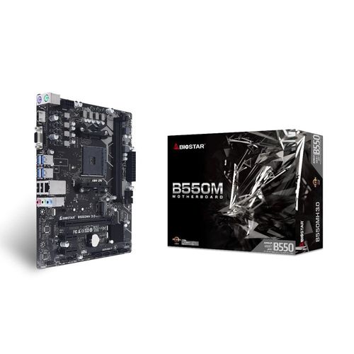 Biostar B550MH 3.0. Prozessorhersteller: AMD, Prozessorsockel: Socket AM4. Unterstützte Arbeitsspeicher: DDR4-SDRAM, RAM-Speicher maximal: 64 GB, Arbeitsspeicher Typ: DIMM. Unterstützte Speicherlaufwerk-Schnittstellen: M.2, SATA III, RAID Level: 0, 1, 10.