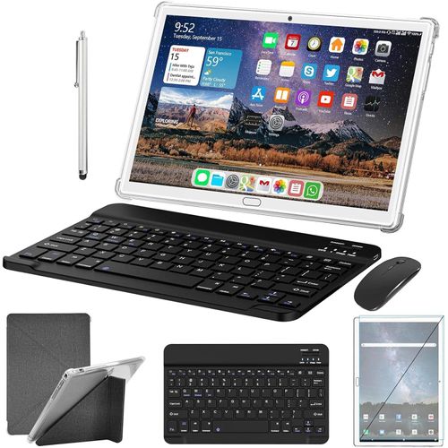 Tablet 10 Zoll Android 4G LTE Tablett PC mit 2 SIM Slot 4GB RAM 64GB ROM 512GB erweiterbar mit Tastatur Maus Stift Octa Core 1080P FHD SD Typ-C
