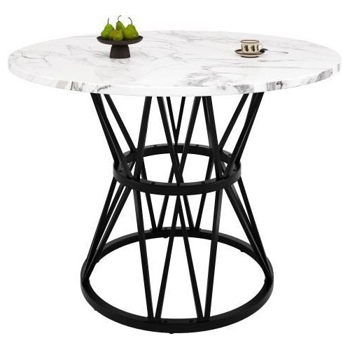 Runder Esstisch 100x100x76cm Kuechen-Esstisch Couchtisch 4 Personen Stilvolle Metallbeine MDF Marmor-Tischplatte Schwarz Geeignet Esszimmer Wohnzimmer