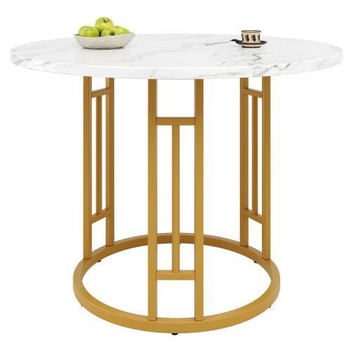 Runder Esstisch 80x80x76cm Kuechen-Esstisch Couchtisch 4 Personen Stilvolle Metallbeine MDF Marmor-Tischplatte Gold Geeignet fuer Esszimmer Wohnzimmer