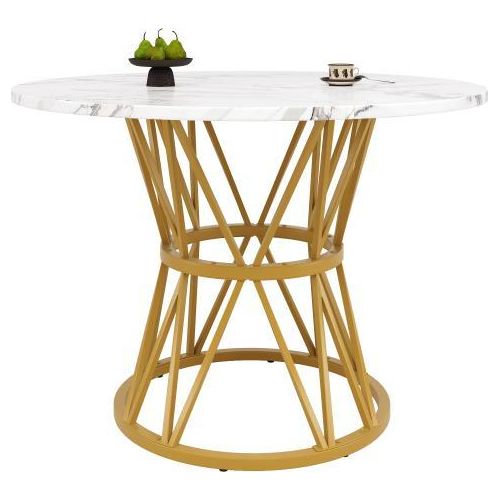 Runder Esstisch 100x100x76cm Kuechen-Esstisch Couchtisch 4 Personen Stilvolle Metallbeine MDF Marmor-Tischplatte Gold Geeignet Esszimmer Wohnzimmer