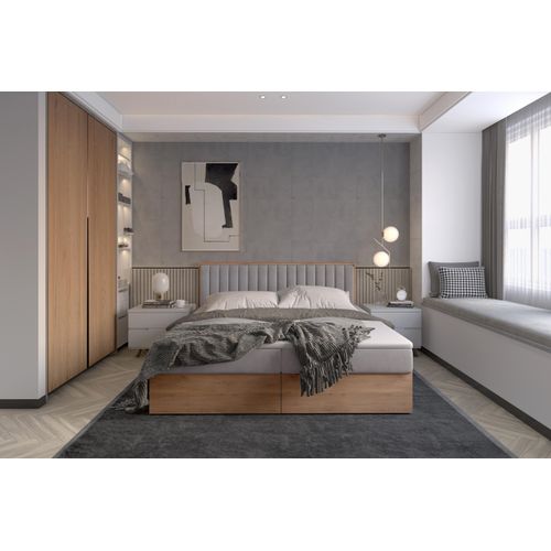 Funktionsbett 140x200 cm mit Stauraum – Polsterbett mit Bettkasten – Holzbett mit Kopfteil – Boxbett in Eiche-Optik – Modernes Bett 140x200 cm LIVANO