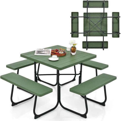 KOMFOTTEU Bierzeltgarnitur für 8 Personen, Quadratisches Picknicktisch Set mit Schirmloch & 4 Bänken, Gartenmöbel Set aus HDPE & Metall, Gartengarnitur Sitzgarnitur für Terrasse (Grün)