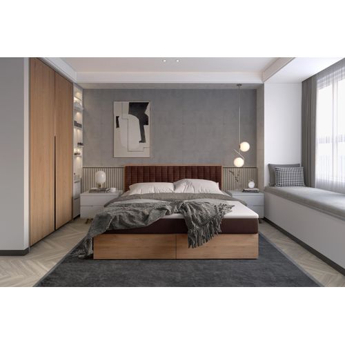 Funktionsbett 160x200 cm mit Stauraum – Polsterbett mit Bettkasten – Holzbett mit Kopfteil – Boxbett in Eiche-Optik – Modernes Bett 160x200 cm LIVANO
