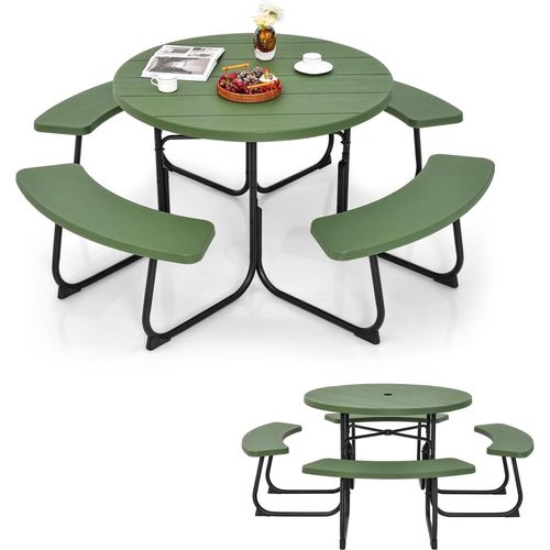 KOMFOTTEU Bierzeltgarnitur für 8 Personen, Rundes Picknicktisch Set mit Schirmloch & 4 Bänken, Gartenmöbel Set aus HDPE & Metall, Gartengarnitur Sitzgarnitur für Terrasse Camping (Grün)