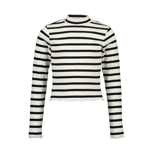 Langarmshirt BLUE SEVEN, Mädchen, Gr. 152, schwarz (9990 schwarz ao), Single Jersey, Obermaterial: 95% Baumwolle, 5% Elasthan, gestreift, regular fit taillenlang, Rundhals, gewellter Abschluss, Shirts, mit schmalem Stehkragen und tollen Wellenkanten