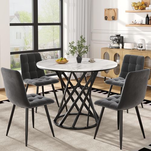 Esstisch-Set (5-teilig), modernes Esstisch-Set (mit 4 Stühlen), Küchen-Esstisch-Set, runder Küchentisch mit 80 cm Durchmesser und schwarzen Metallbeinen, weiße MDF-Tischplatte, Samtstühle