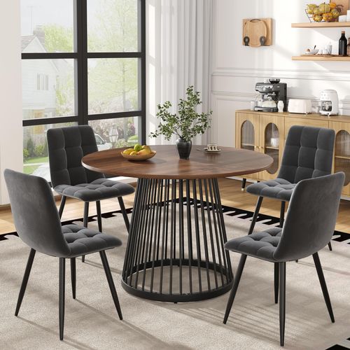 Esstisch-Set (5-teilig), modernes Esstisch-Set (mit 4 Stühlen), Küchen-Esstisch-Set, runder Küchentisch mit 80 cm Durchmesser und schwarzen Metallbeinen, Walnussfarbener MDF-Platte, Samtstühle