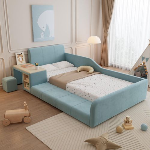 Polsterbett, Einzelbett mit Kinderschreibtisch und Hocker, Mit Ablageboden, Weiches Kopfteil, Kinderbett mit Holzlatten, Samt, Blau, 90x200cm