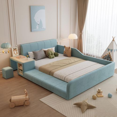 Polsterbett, Einzelbett mit Kinderschreibtisch und Hocker, Mit Ablageboden, Weiches Kopfteil, Kinderbett mit Holzlatten, Samt, Blau, 140x200cm