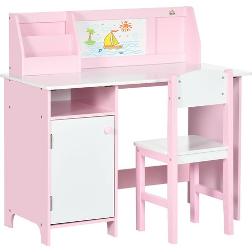 HOMCOM Holz-Kindertisch und Stuhl-Set mit Whiteboard, Lerntisch für Kinder ab 5 Jahren, Kinderschreibtischmöbel, 90 x 45 x 85 cm, Rosa