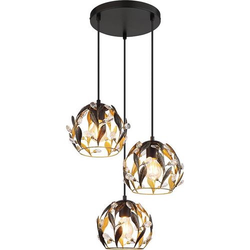 Pendelleuchte, Metall, Schwarz, Gold, Kristalle