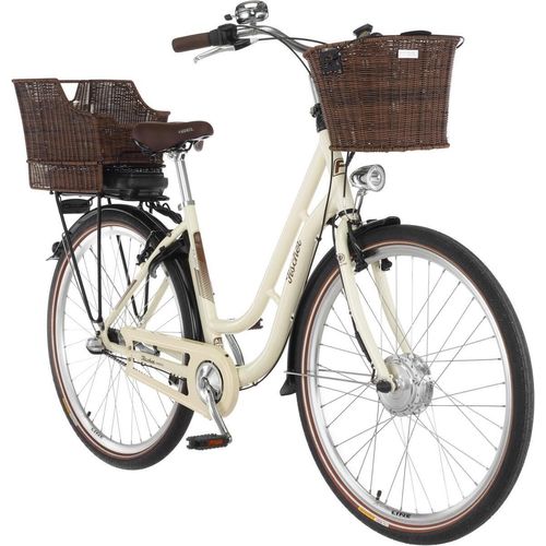 FISCHER E-Bike Pedelec City CITA ER1804, Rahmenhöhe 48 cm, 28 Zoll, Akku 317 Wh, Vorderradmotor, tiefer Einstieg, Retro Vintage, Rücktritt, Nabenschaltung, LED Display, beige