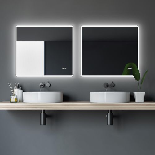 Badspiegel mit Beleuchtung und Digitaluhr Talos Sun 80 x 70 cm Wandspiegel - hochwertiger Aluminiumrahmen mit Kippschalter - Lichtspiegel mit Lichtfarbe Neutralweiß - Badezimmerspiegel