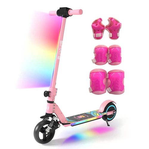Elektroroller Kinder mit Schutzausrüstung, Elektroscooter Für 6–12 Jahre, 130W, 14 km/h, 5–8 km, LED-Display, Stoßdämpfer, Klappbar E-Scooter Rosa