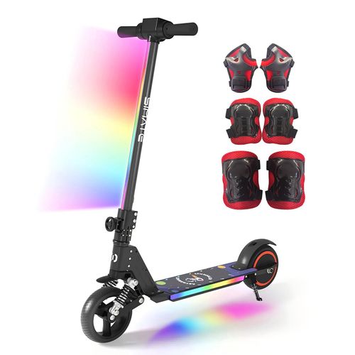Elektroroller Kinder mit Schutzausrüstung, Elektroscooter Für 6–12 Jahre, 130W, 14 km/h, 5–8 km, LED-Display, Stoßdämpfer, Klappbar E-Scooter Schwarz
