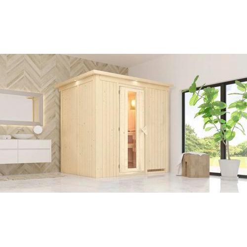 Elementsauna Karibu Bodina ohne Ofen mit Dachkranz und Holztüre mit Isolierglas wärmegedämmt