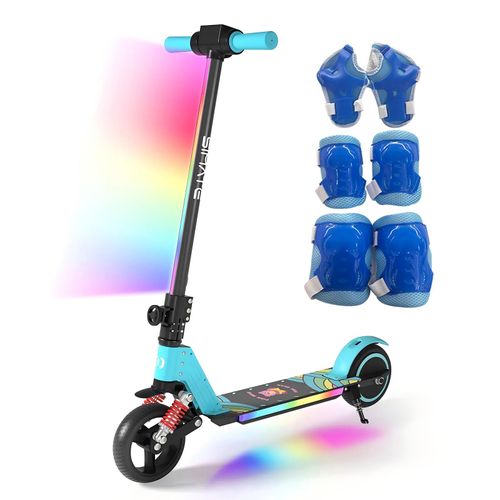 Elektroroller Kinder mit Schutzausrüstung, Elektroscooter Für 6–12 Jahre, 130W, 14 km/h, 5–8 km, LED Licht, Stoßdämpfer, Klappbar E-Scooter Himmelblau