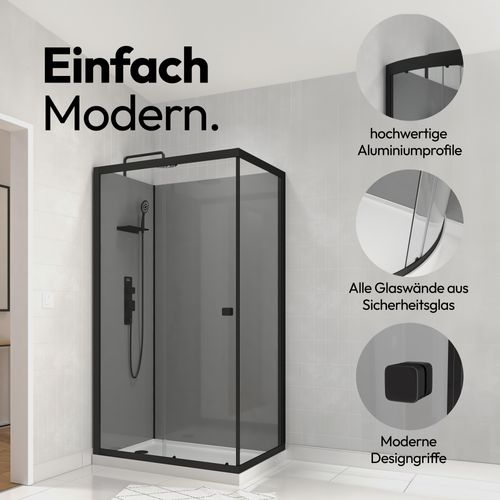 Dusche Komplett Marwell Grey Style Rechteck 110x80x215 cm – Fertigdusche mit 5 mm Sicherheitsglas, getönten Rückwänden & Regendusche in Schwarz