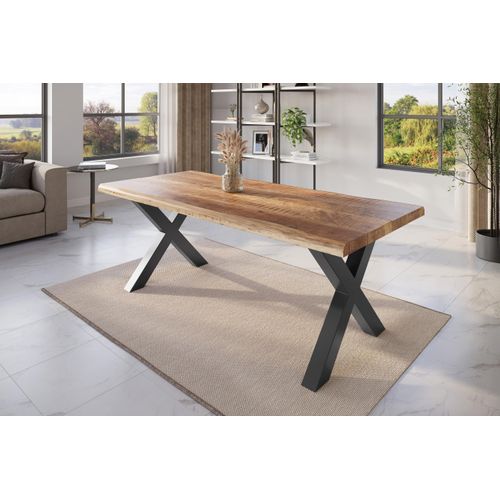 Esstisch Baumkante 220 x 100 cm Mangoholz Rough X-Gestell schwarz ATLAS