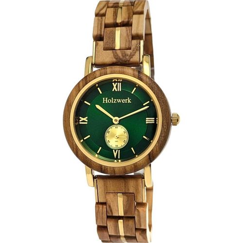 Holzwerk BUCHLOE kleine Damen Holz Uhr in Ahorn beige, gold & grün