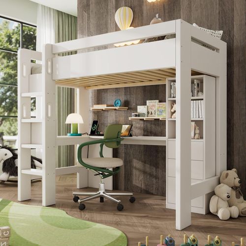 Odikalo Hochbett Kinderbett Holzbett mit Schreibtisch Schubladen USB LED 90×200cm Weiß
