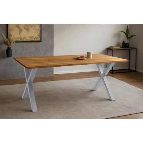 Esstisch 220x100 cm Baumkante Eichenholz massiv geölt X-Gestell silber SALVADOR