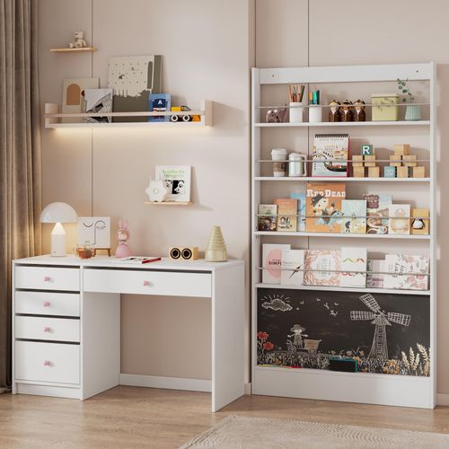 okwish 2-teilig-Kindermöbel-Set mit zeitloser Schreibtisch und Bilderbuchregal,mit Aufbewahrungsschubläden und Schwarzbord,Schreibtisch-Regal-Set,Weiß