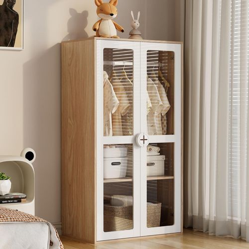 okwish 2er Kinderkleiderschrank mit zweitüriger Glas-Tür und Kleiderstange,Schlafzimmerschrank mit Keks-Form-Holzgriffen und verschiebbaren Regalen,weiß+natürliches Holz