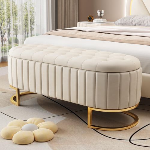 Stauraum-Schlafkoffer und Fußbank 120 x 40 cm, gepolsterte Fußbank mit Stauraum, Sofabank Bank, Samtstoff beige