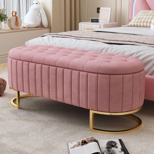 Stauraum-Schlafkoffer und Fußbank 120 x 40 cm, gepolsterte Fußbank mit Stauraum, Sofabank Bank, Samtstoff rosa