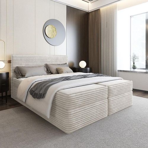 Bett Boxspringbett SENO ohne Topper mit Bettkästen - Doppelbett, Stauraum, Schlafzimmer, Polsterbett, Bettgestell (140x200, Beige - Tilia 03)